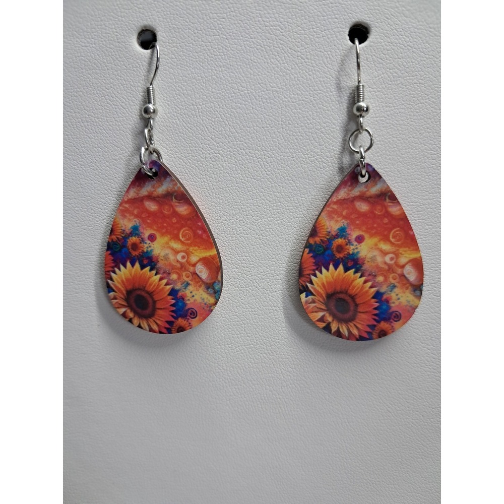 Sunflower Teardrop Wood Dangle Earrings Boho Floral Artistic Orange Blue Yellow